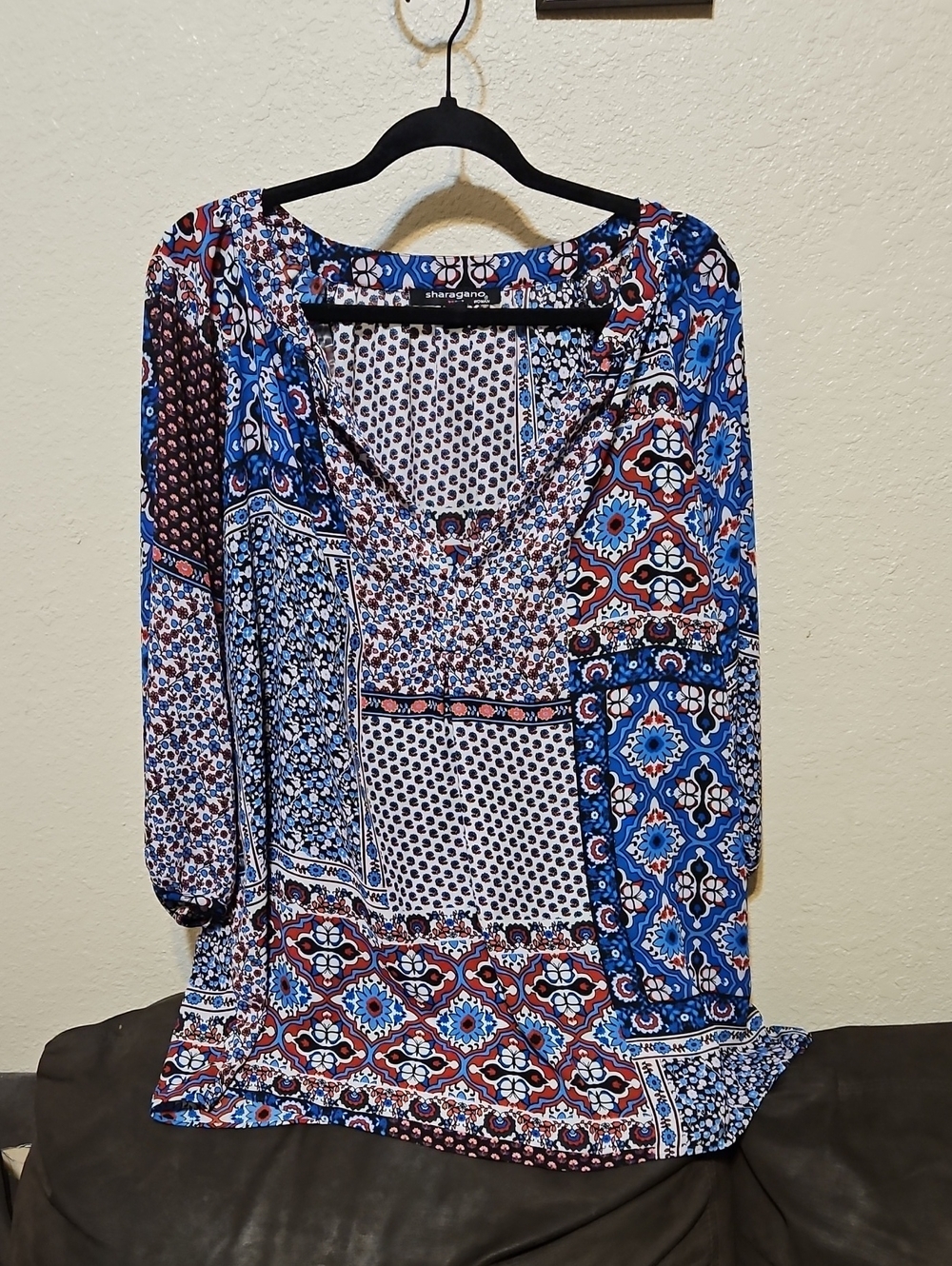 Sharagano Blue and Red Mixed-Print V-Neck Blouse